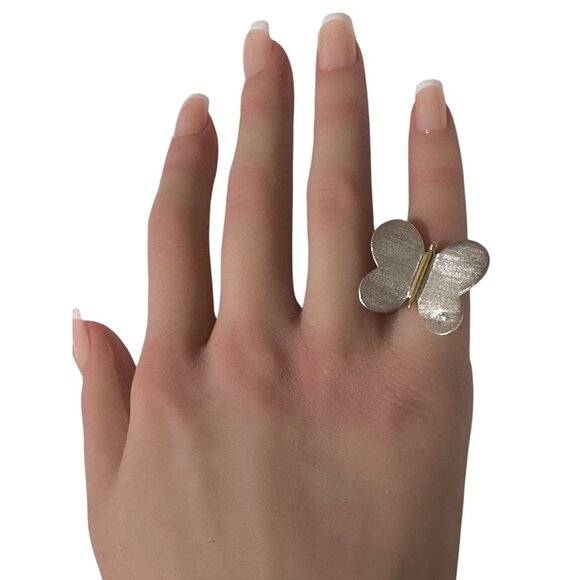 925 Sterling Silver Ring Very Large Butterfly Size 5 Cubic Zirconia Two Tone - Picture 6 of 6